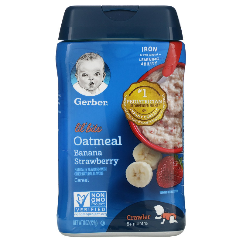 Gerber, Lil' Bits, овсяная каша, ползающий малыш, от 8 месяцев, банан и клубника, 8 унций (227 г)