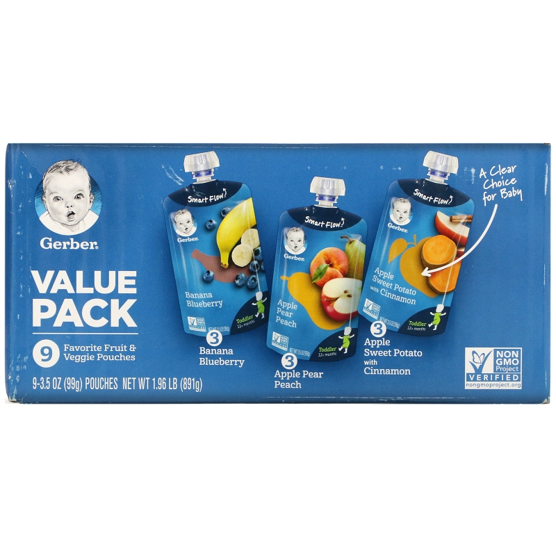 Gerber, Value Pack, 12+ Months, Favorite Fruit & Veggie, 9 Pouches, 3.5 oz (99 g) Each