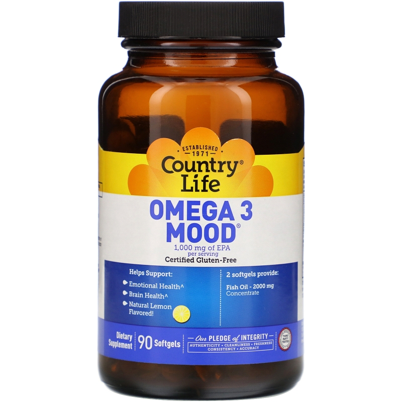 Country Life, Omega 3 Mood, с натуральным вкусом лимона, 90 желатиновых капсул