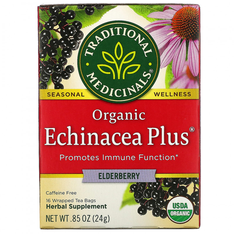 Traditional Medicinals, Organic Echinacea Plus,  Elderberry, Caffeine Free, 16 Wrapped Tea Bags, .85 oz (24 g)