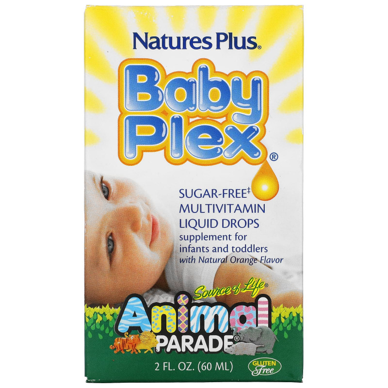 Nature's Plus, Source of Life, Animal Parade, Baby Plex, жидкие мультивитаминные капли без сахара, с натуральным вкусом апельсина, 2 жидкие унции (60 мл)