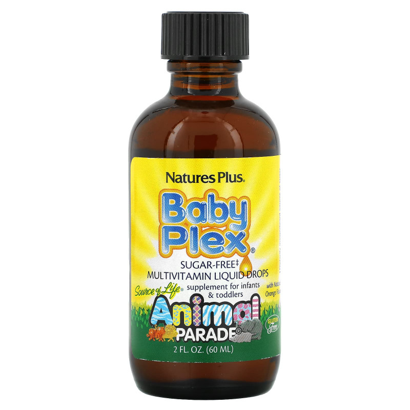 Nature's Plus, Source of Life, Animal Parade, Baby Plex, жидкие мультивитаминные капли без сахара, с натуральным вкусом апельсина, 2 жидкие унции (60 мл)