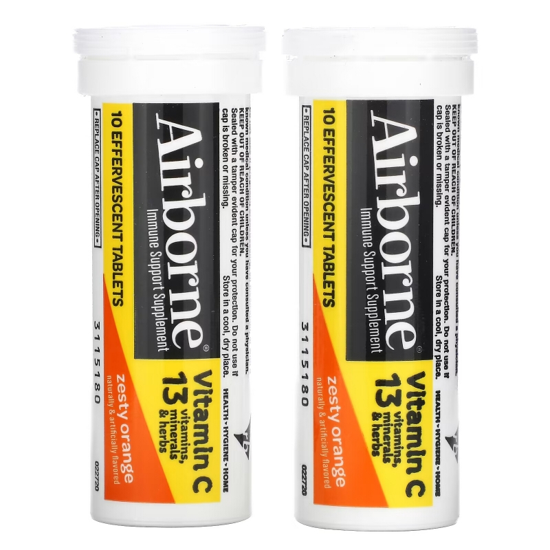 AirBorne, Immune Support Supplement, Zesty Orange, 2 Tubes, 10 Effervescent Tablets Each