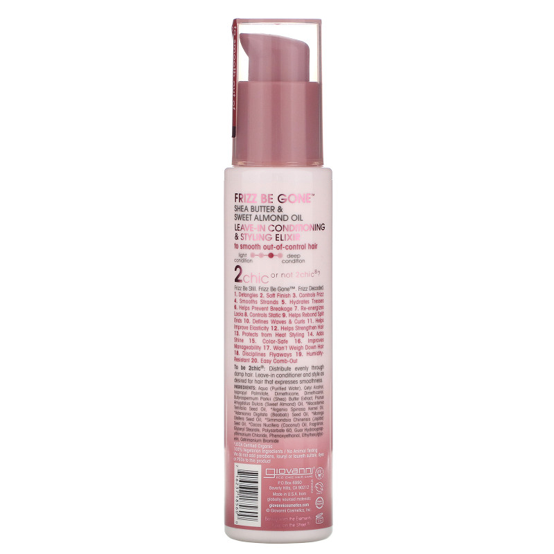 Giovanni, 2chic, Frizz Be Gone Leave-In Conditioning & Styling Elixir, Shea Butter & Sweet Almond Oil, 4 fl oz (118 ml)