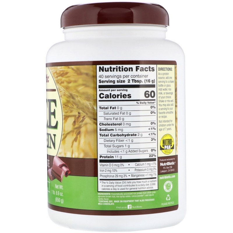 NutriBiotic, Рисовый белок с шоколадом, 1 фунт и 6.9 унций (650 г)