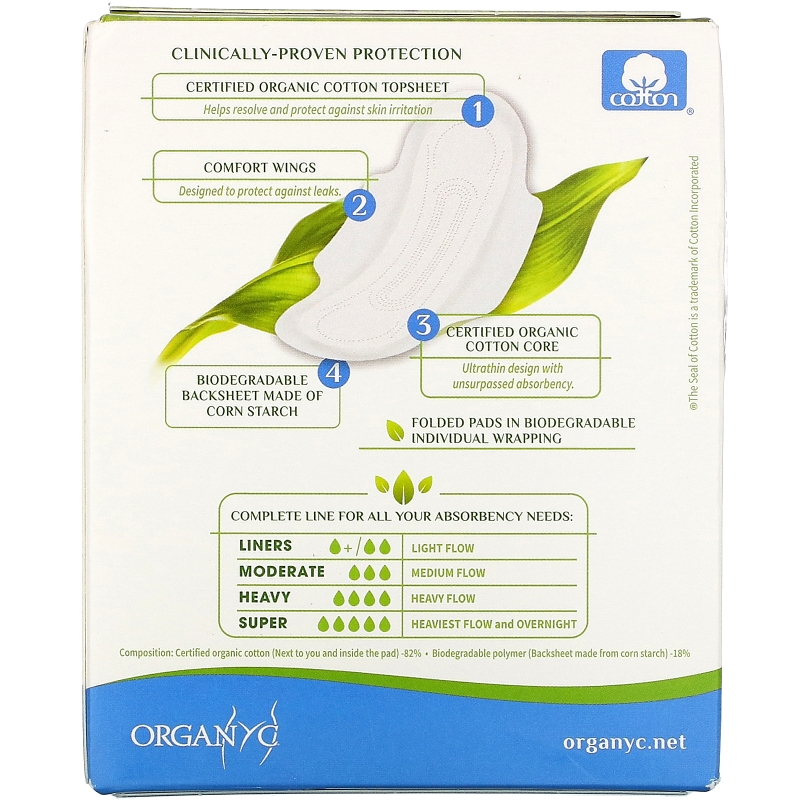 Organyc, Menstrual Pads, Moderate Flow, 10 Pads