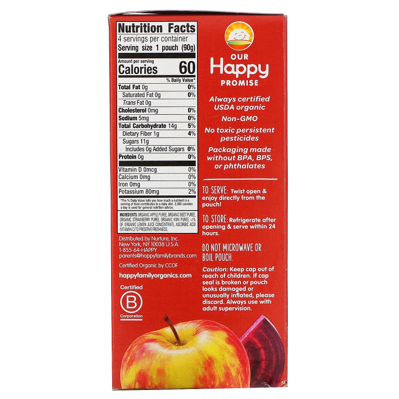 Nurture Inc. (Happy Baby), Happy Squeeze, Organic Superfoods, Twist, Organic  Apple, Beet, Strawberry & Kiwi, 4 Pouches, 3.17 oz (90 g) Each