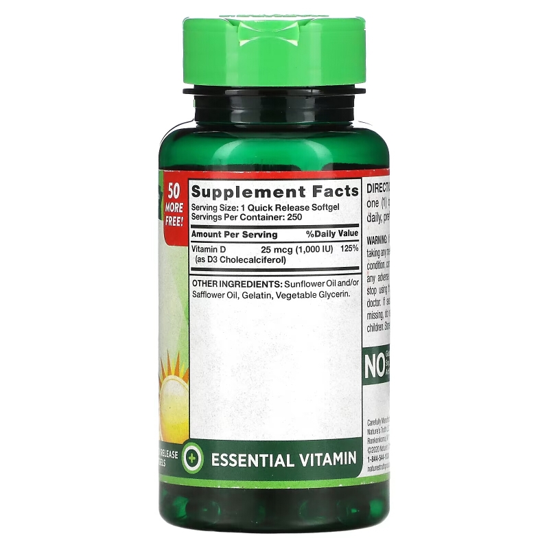 Nature's Truth, High Potency Vitamin D3, 25 mcg (1,000 IU), 250 Quick Release Softgels