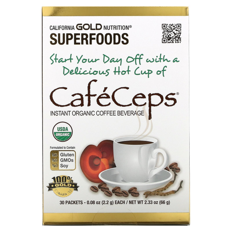 California Gold Nutrition, CafeCeps, сертифицированный органический растворимый кофе с кордицепсом и порошком грибов рейши, 30 пакетов, по 2,2 г каждый