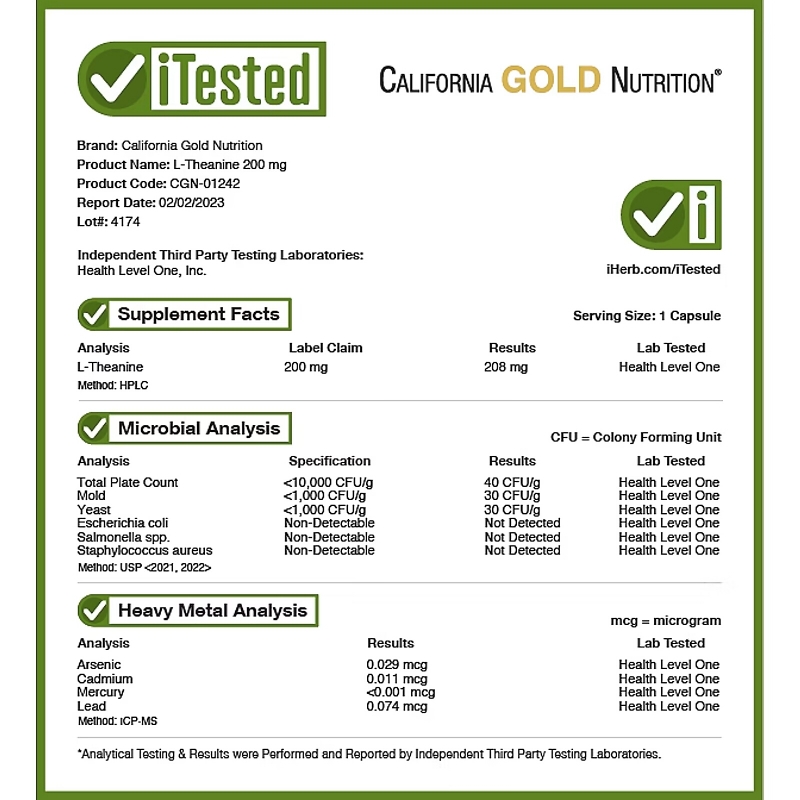 California Gold Nutrition, L- теанин, AlphaWave, способствует расслаблению, успокоению и концентрации, 200 мг, 60 вегетарианских капсул