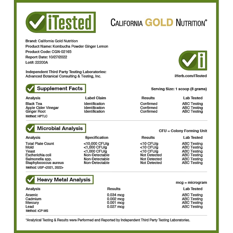 California Gold Nutrition, SUPERFOODS - порошок чайного гриба, имбирь и лимон, 160 г (5,64 унции)