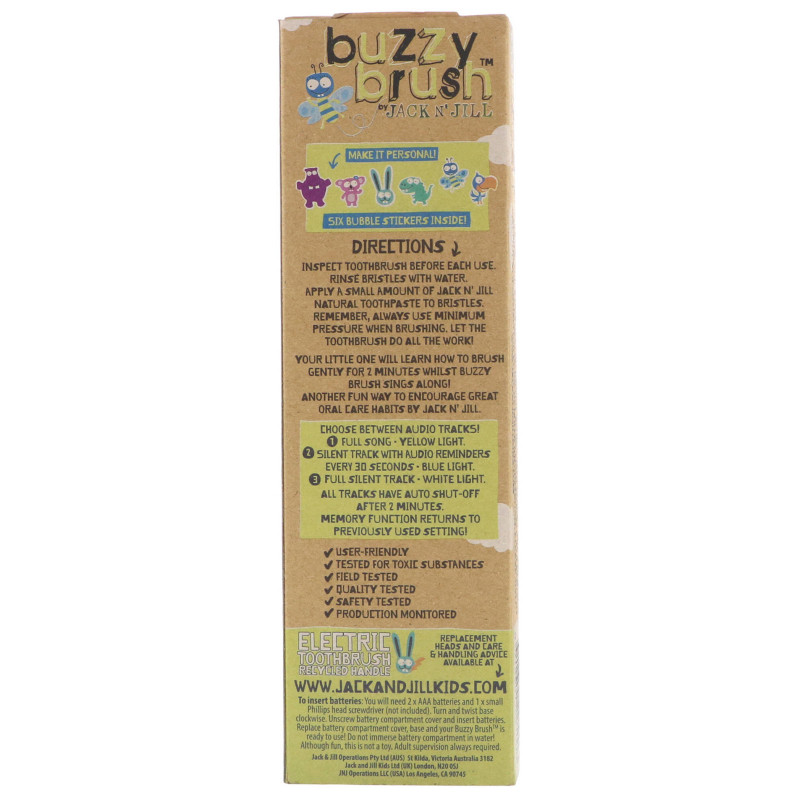 Jack n'Jill, Buzzy Brush, Electric Musical Toothbrush, 1 Electric Toothbrush + 1 Sticker Sheet